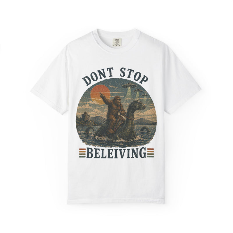 Don't Stop Beleiving T-Shirt — Retro Bigfoot Riding Loch Ness Vintage Graphic Tee