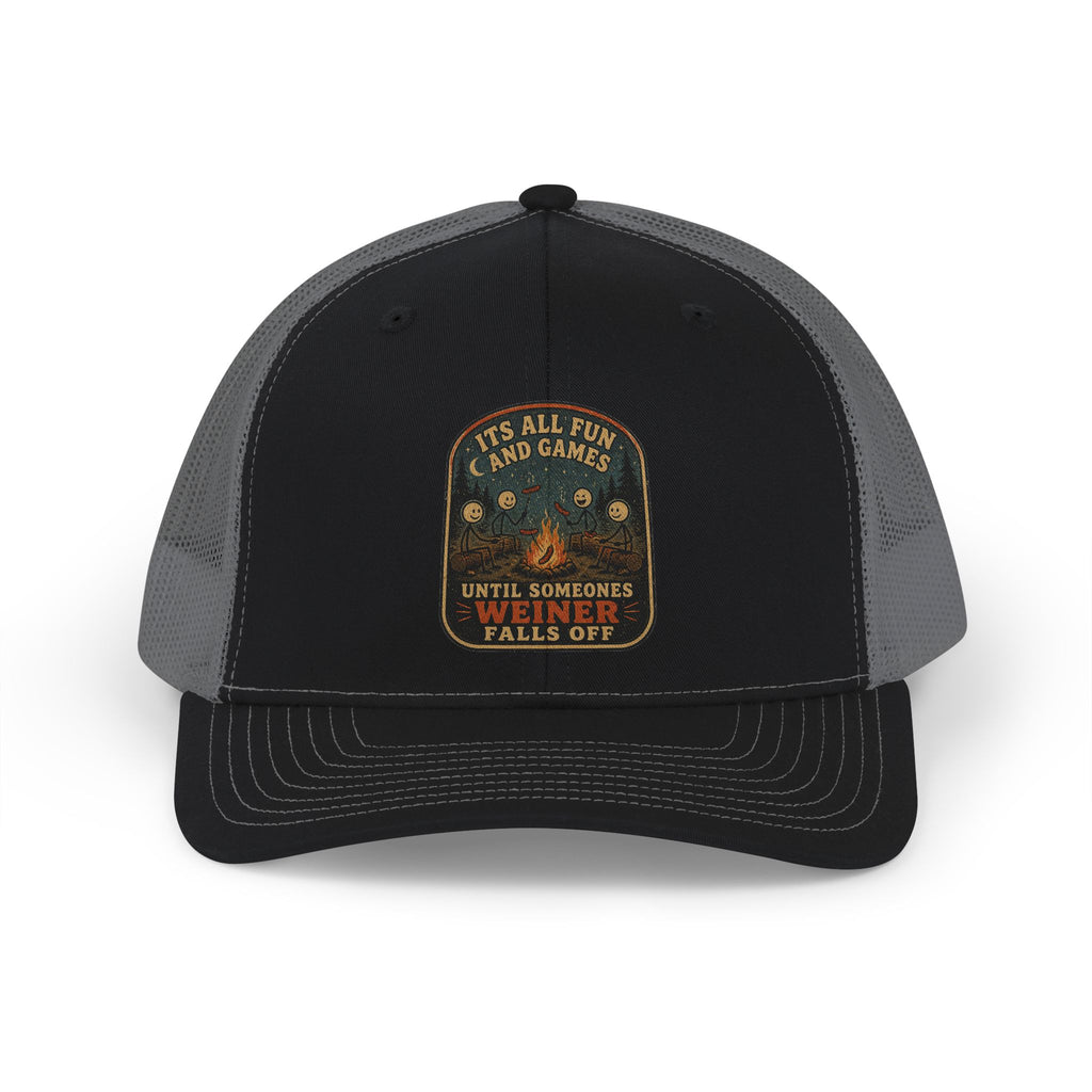 Vintage Fishing Patch Snapback Trucker Cap — "It’s All Fish And Games Until Someone’s Wetline Falls Off"