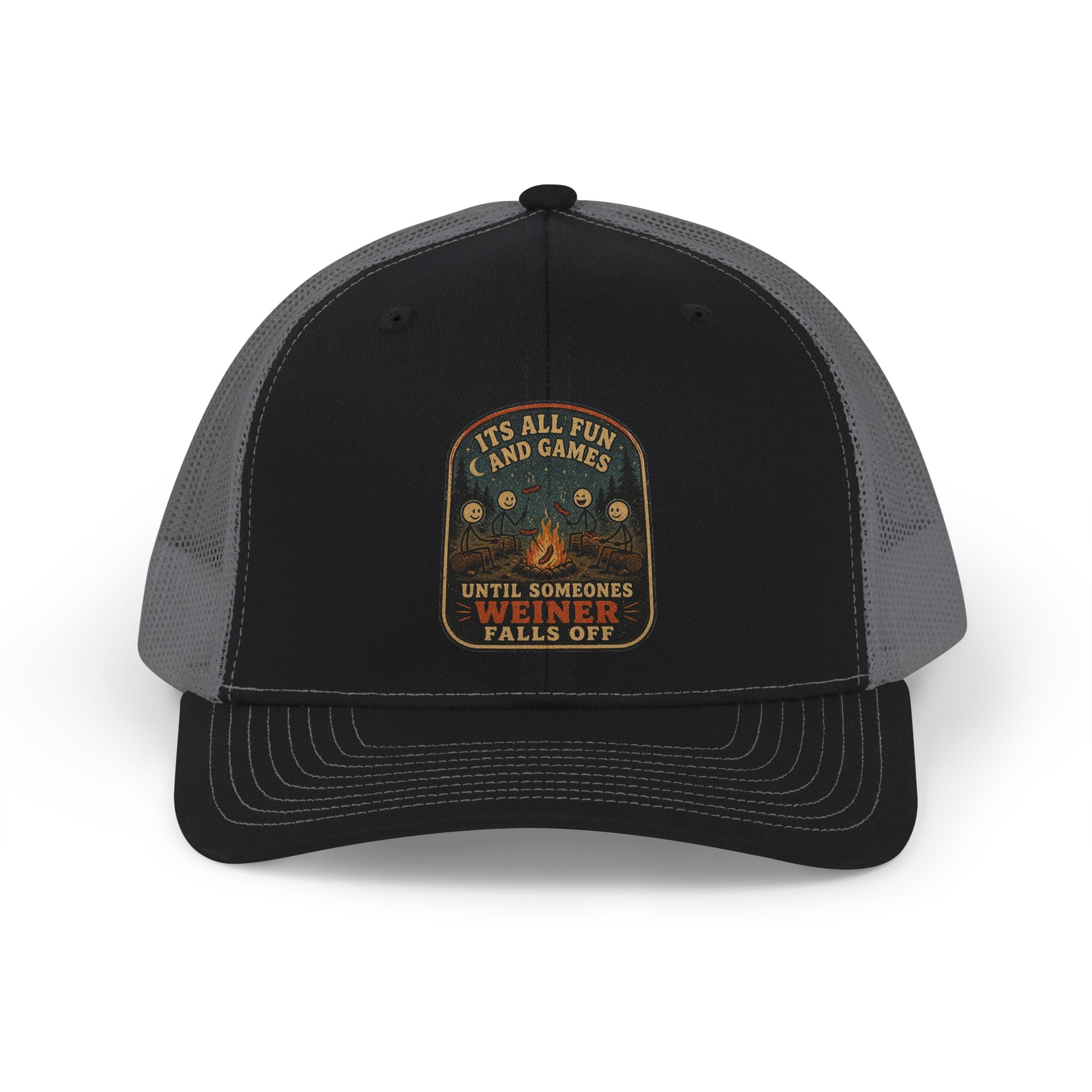 Vintage Fishing Patch Snapback Trucker Cap — "It’s All Fish And Games Until Someone’s Wetline Falls Off"