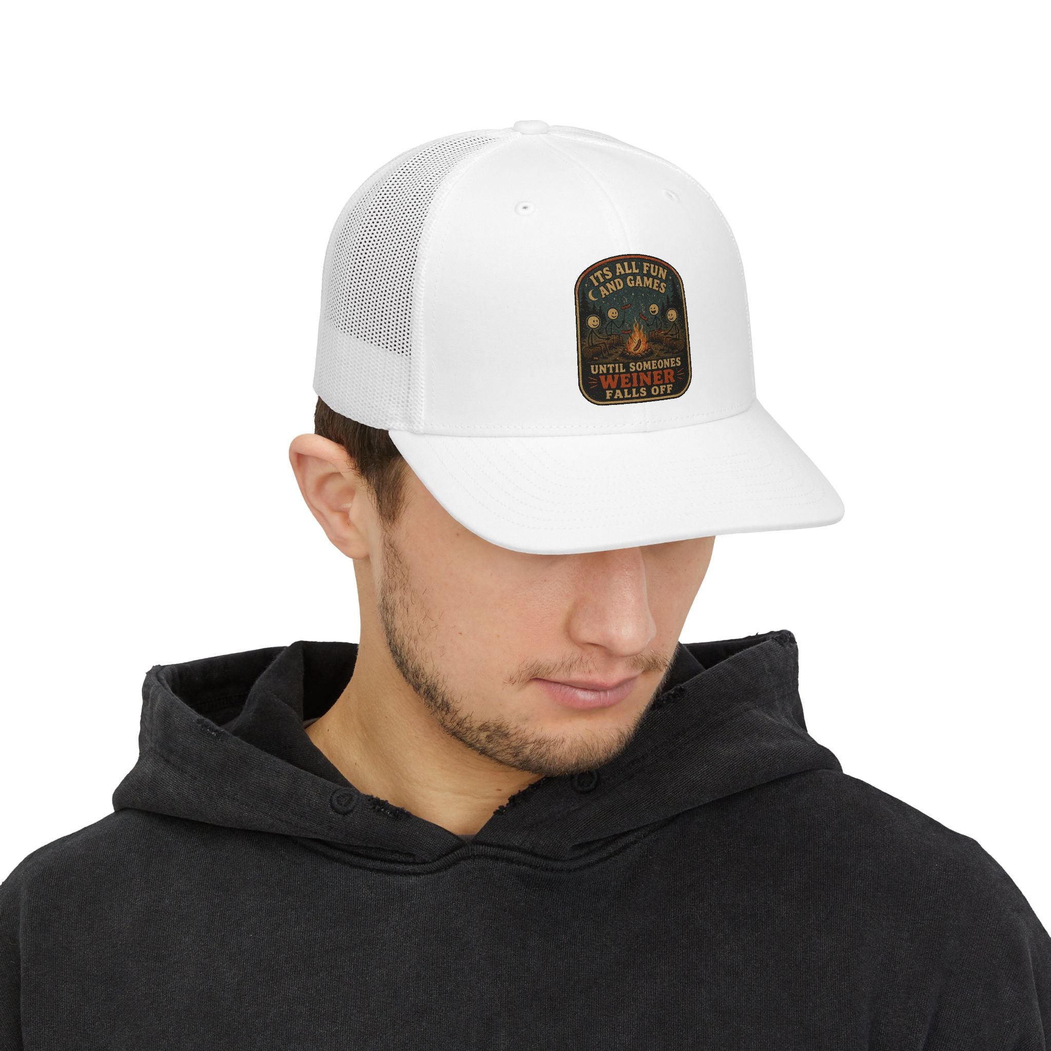 Vintage Fishing Patch Snapback Trucker Cap — "It’s All Fish And Games Until Someone’s Wetline Falls Off"