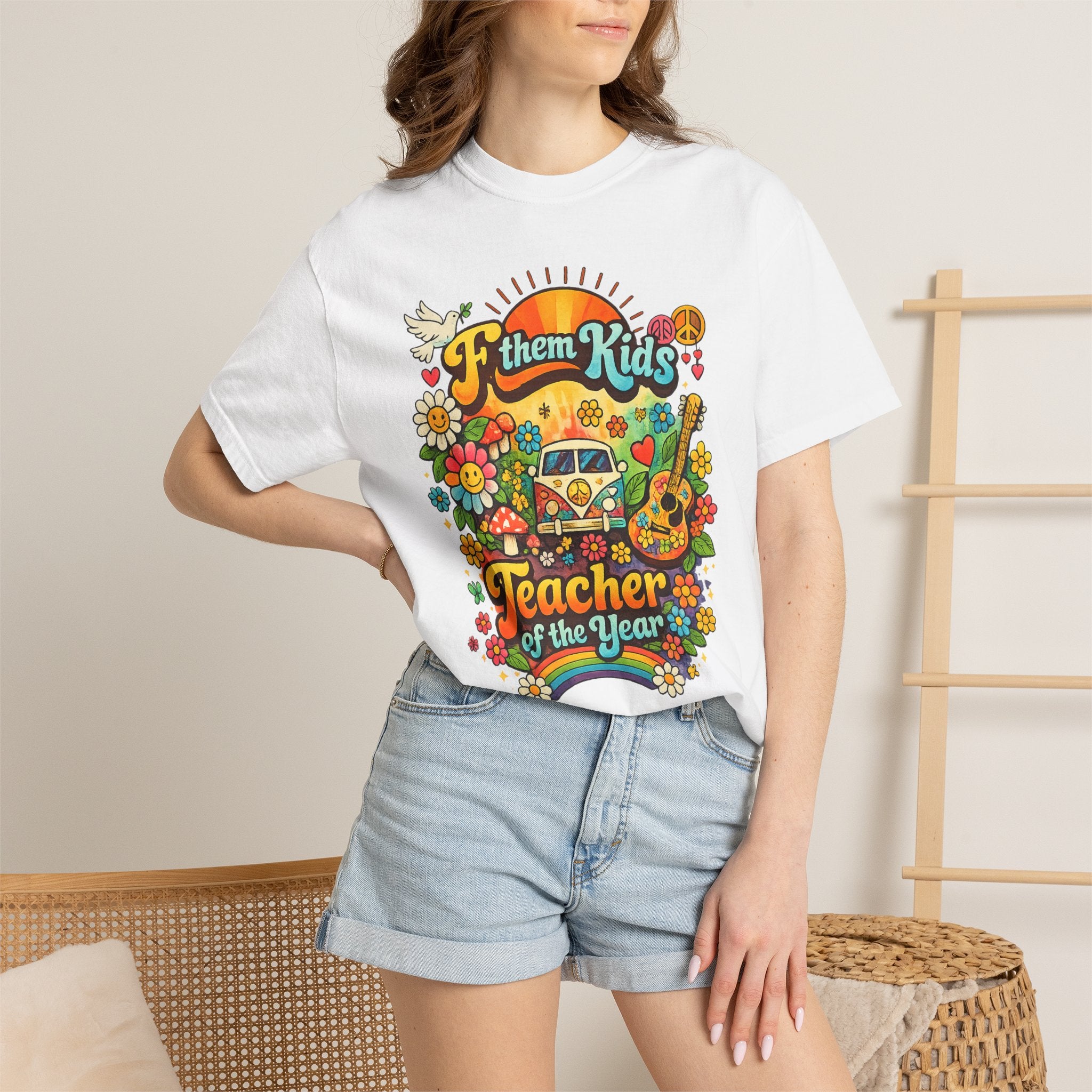 Teacher of the Year T-Shirt — Retro Floral 'F them Kids' Guitar Teacher Gift