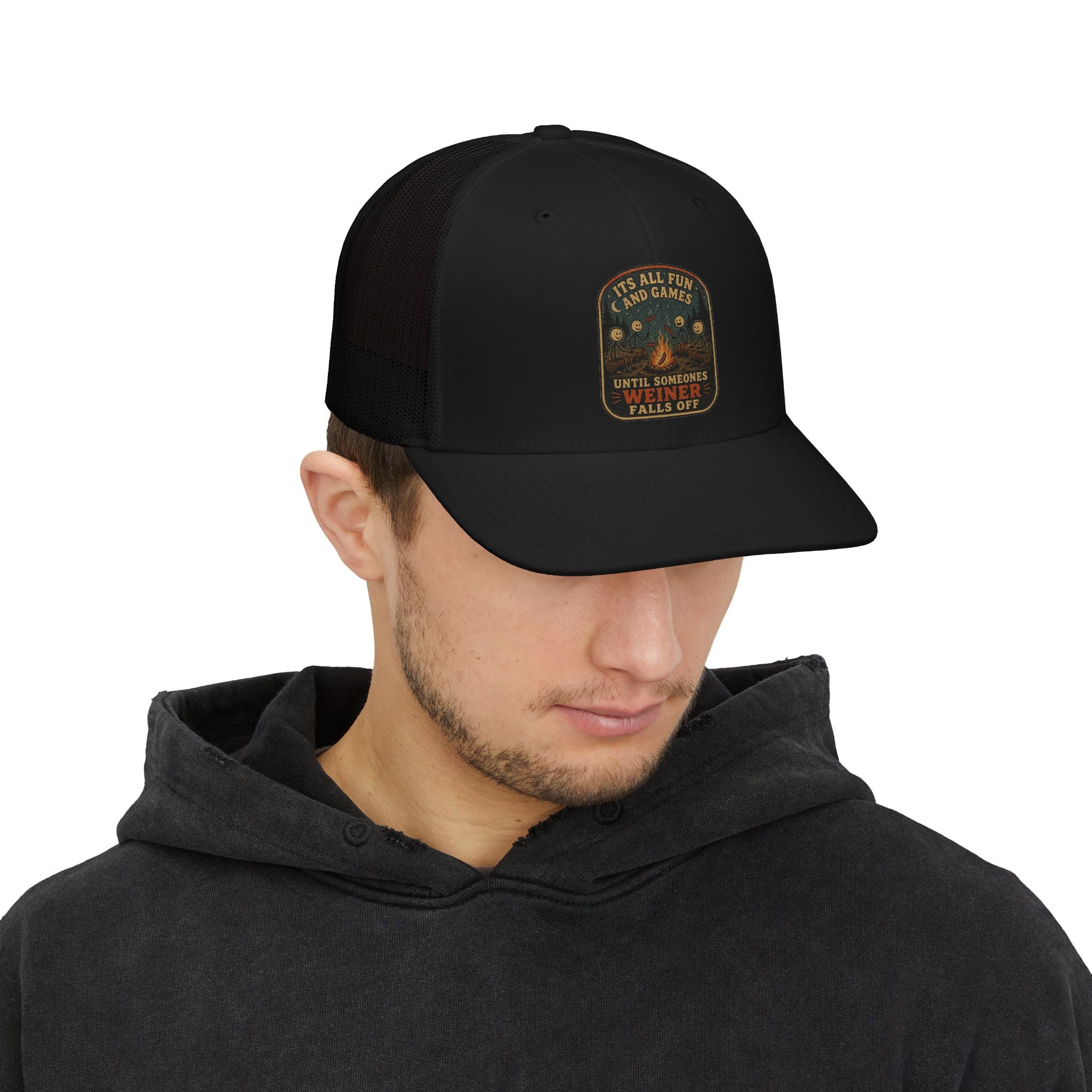 Vintage Fishing Patch Snapback Trucker Cap — "It’s All Fish And Games Until Someone’s Wetline Falls Off"