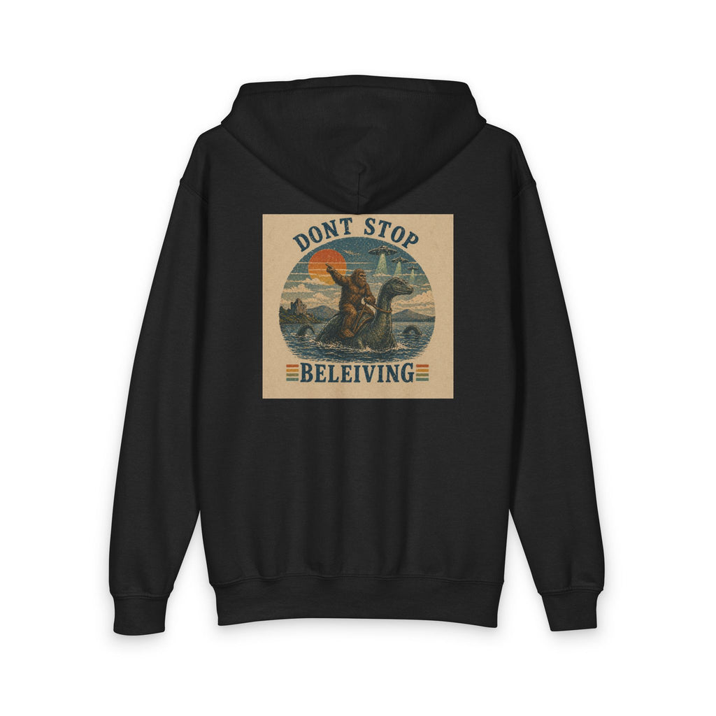 Youth Zipper Hoodie — "Don't Stop Beleiving" Retro Dinosaur Vintage Hippie Design