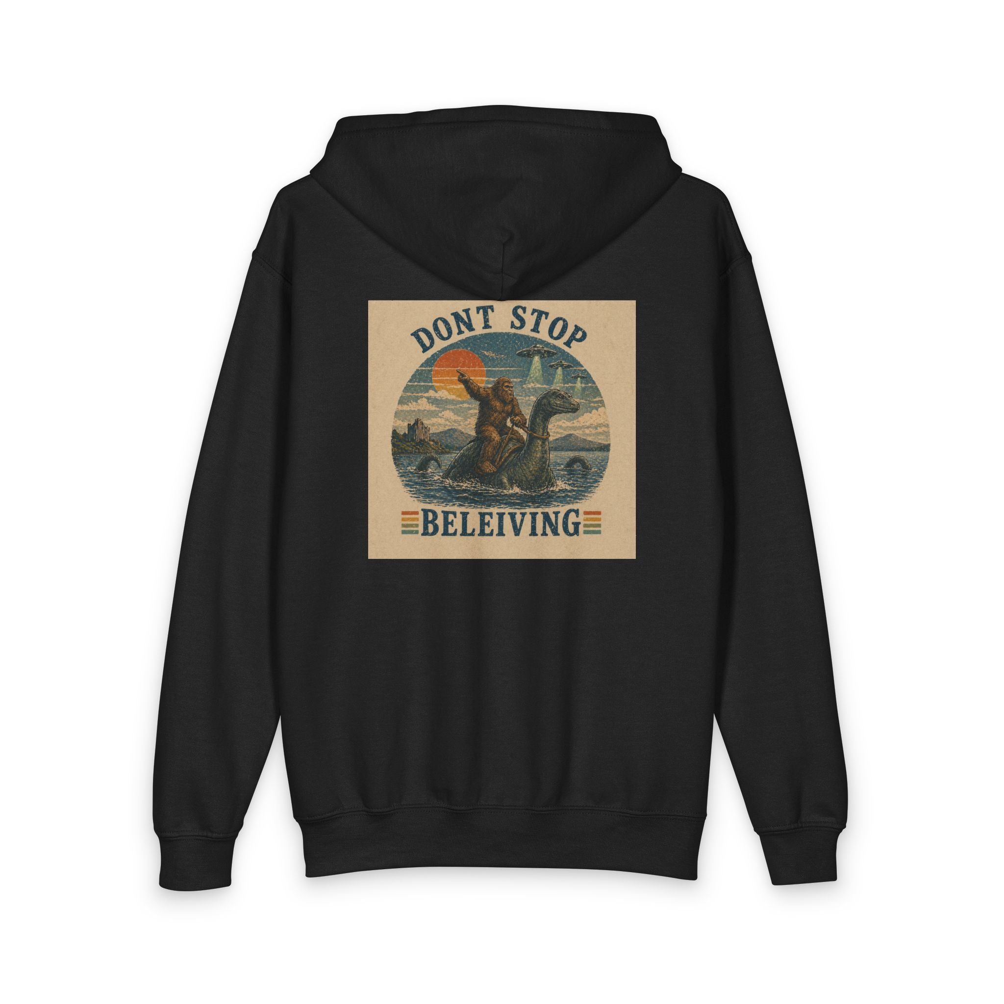 Youth Zipper Hoodie — "Don't Stop Beleiving" Retro Dinosaur Vintage Hippie Design
