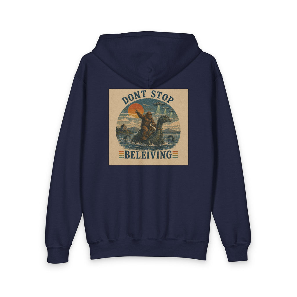 Youth Zipper Hoodie — "Don't Stop Beleiving" Retro Dinosaur Vintage Hippie Design