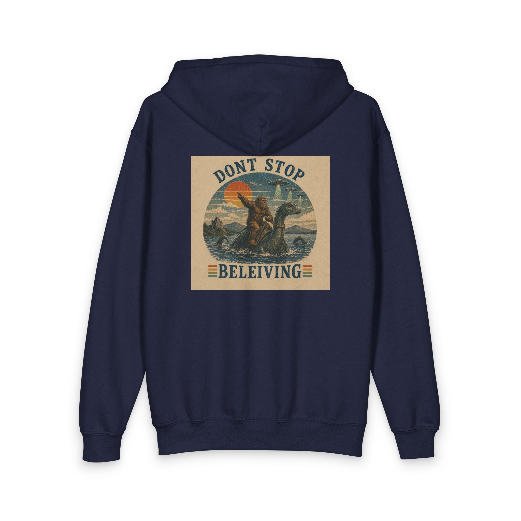 Youth Zipper Hoodie — "Don't Stop Beleiving" Retro Dinosaur Vintage Hippie Design