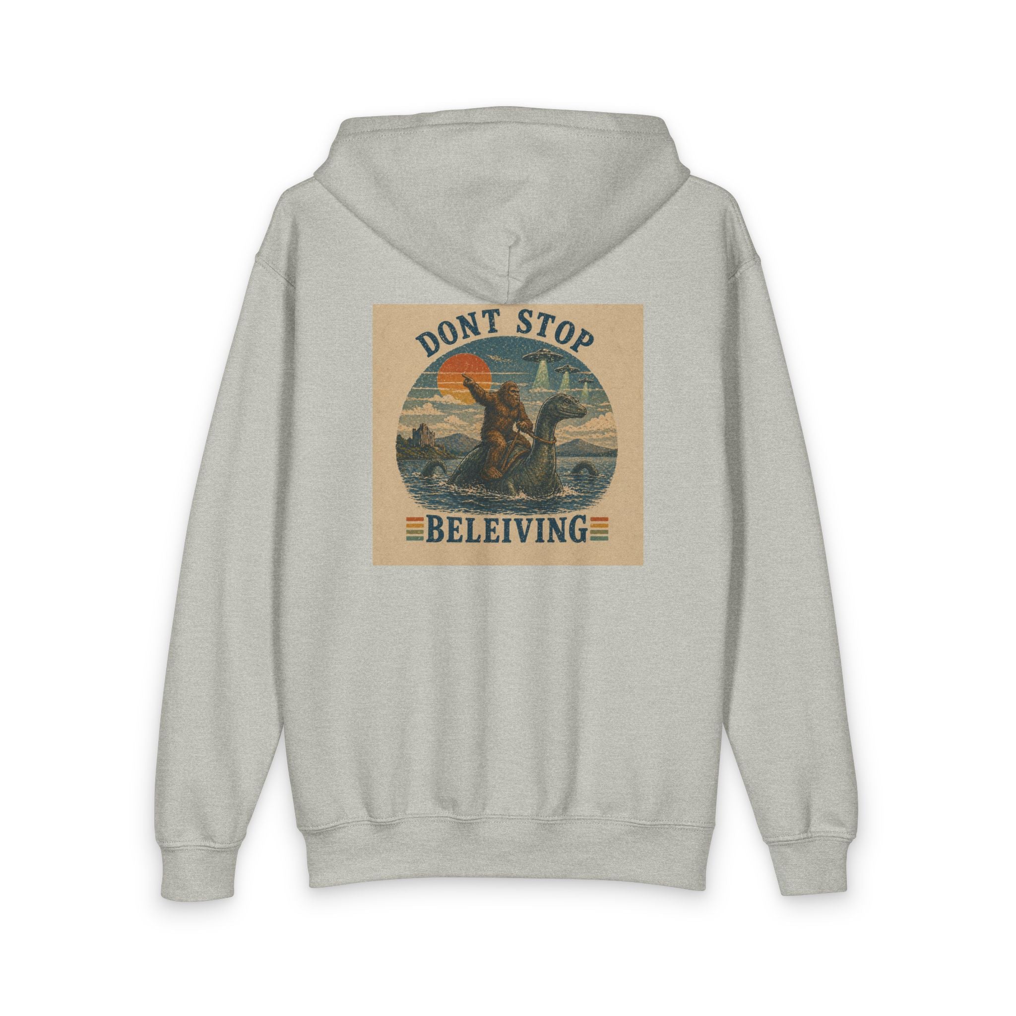 Youth Zipper Hoodie — "Don't Stop Beleiving" Retro Dinosaur Vintage Hippie Design
