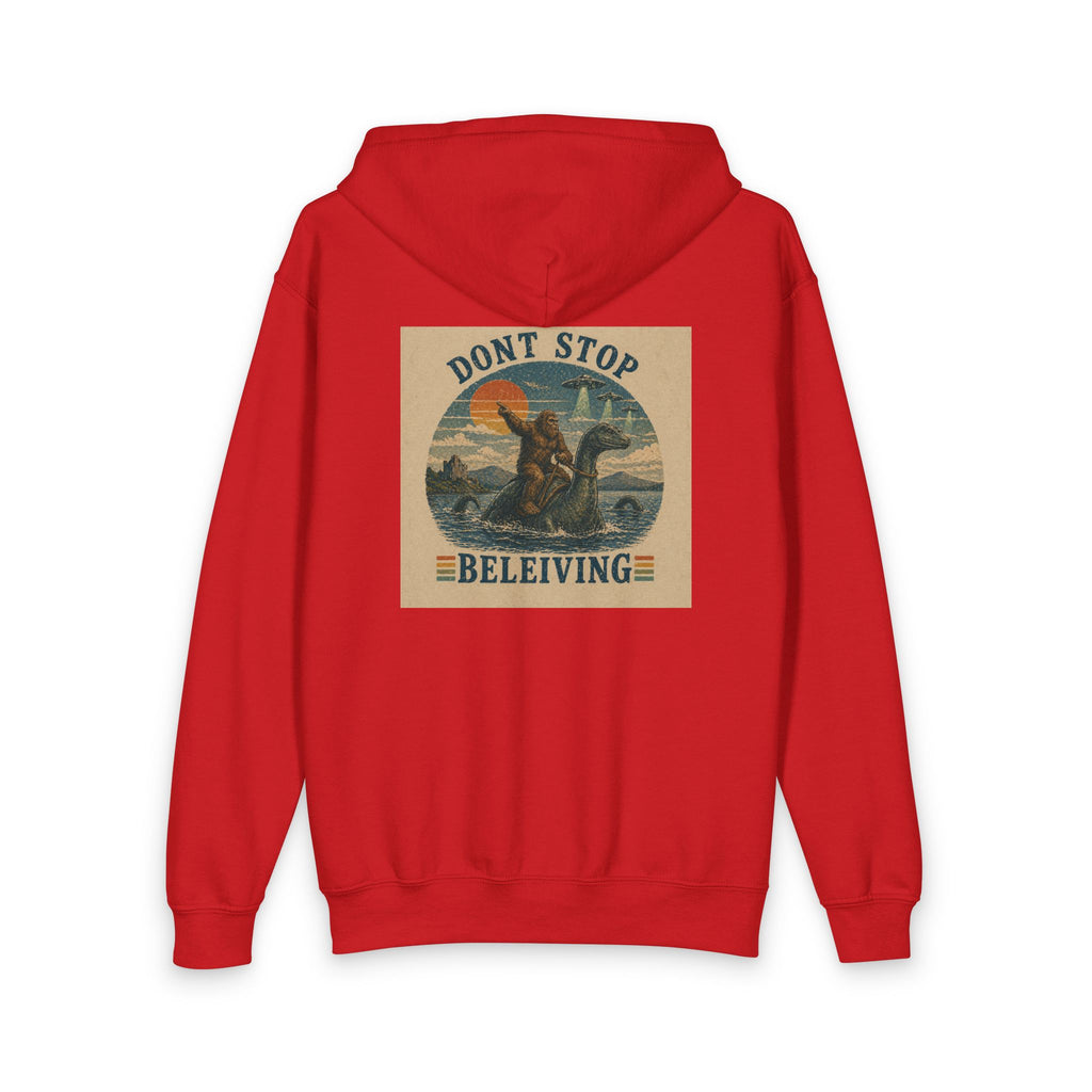 Youth Zipper Hoodie — "Don't Stop Beleiving" Retro Dinosaur Vintage Hippie Design