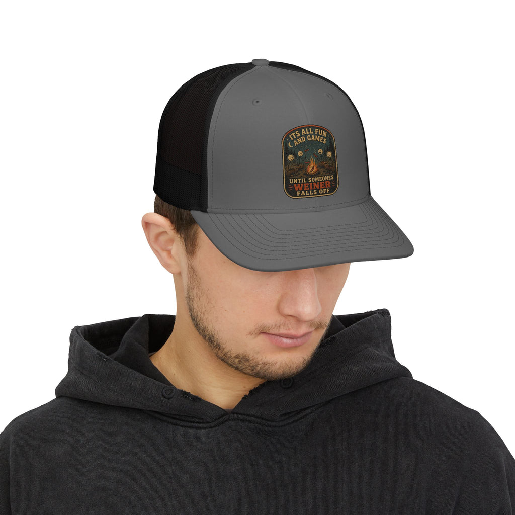 Vintage Fishing Patch Snapback Trucker Cap — "It’s All Fish And Games Until Someone’s Wetline Falls Off"