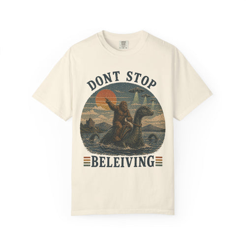 Don't Stop Beleiving T-Shirt — Retro Bigfoot Riding Loch Ness Vintage Graphic Tee