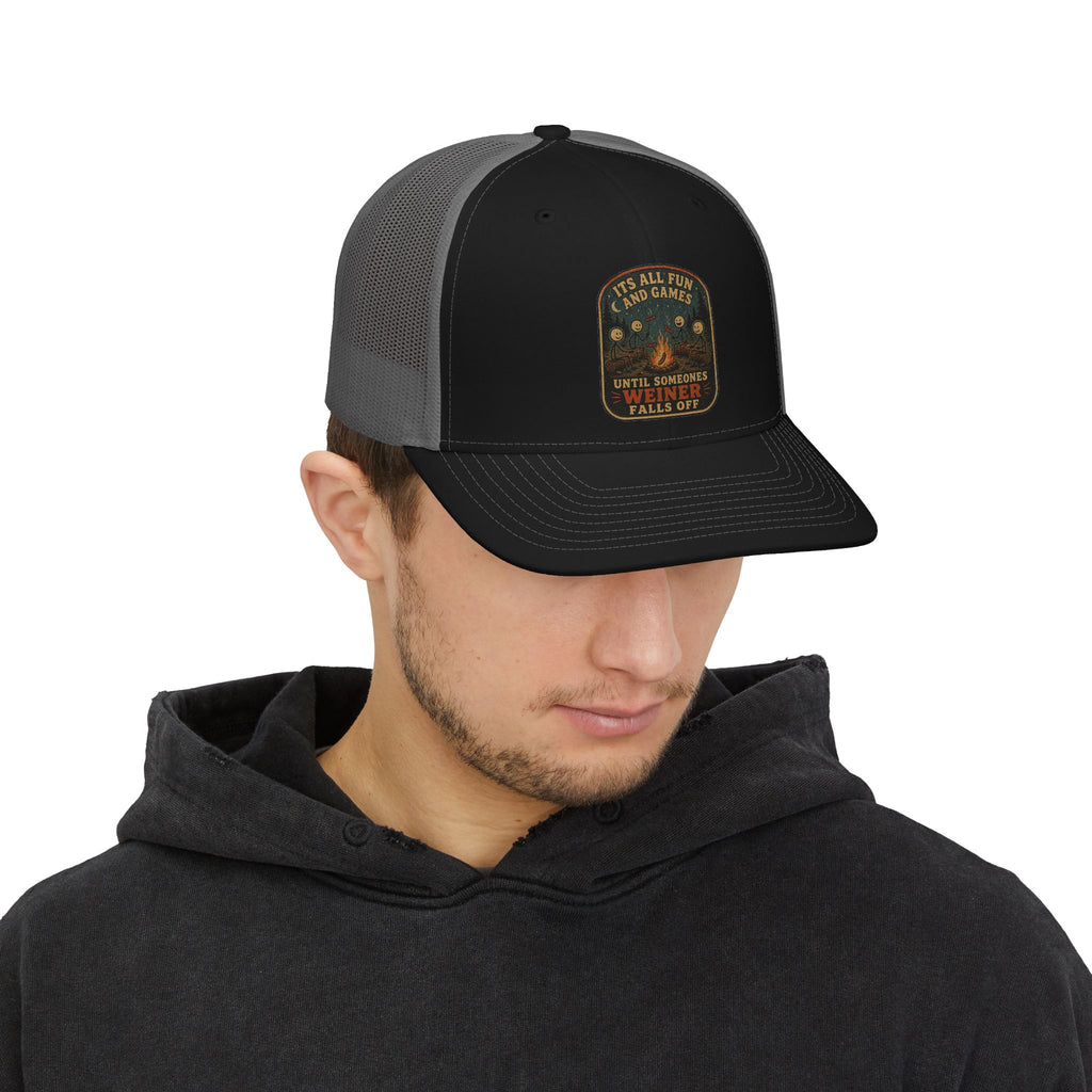 Vintage Fishing Patch Snapback Trucker Cap — "It’s All Fish And Games Until Someone’s Wetline Falls Off"