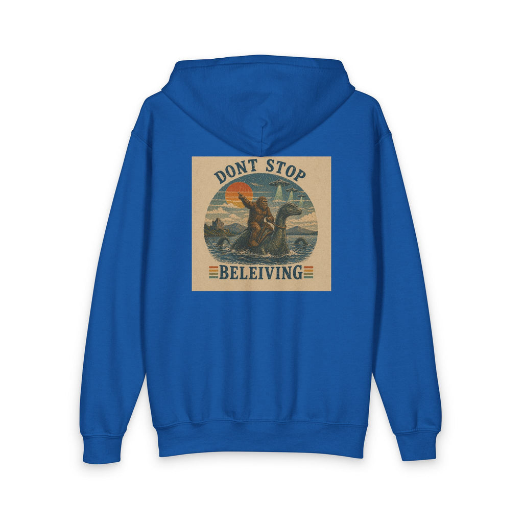 Youth Zipper Hoodie — "Don't Stop Beleiving" Retro Dinosaur Vintage Hippie Design